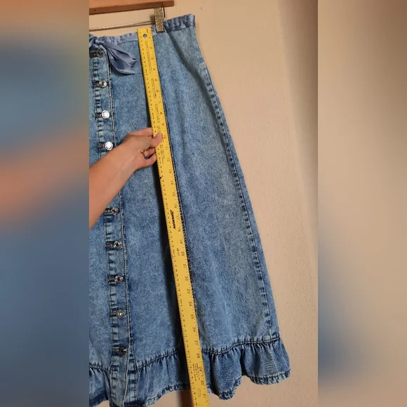 Denim Midi Skirt Ruffle Button Down Tie Peasant Cottage Coastal Cowgirl - Picture 3 of 6